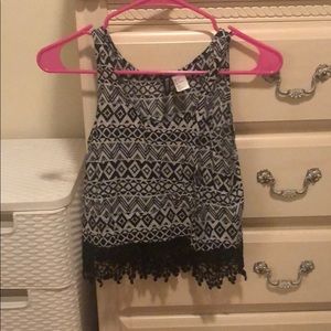 Patterned Crop Top with Lace Fringe